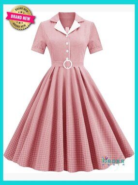 Vintage Notch Lapel Swing Dress 50s Rockabilly Cocktail Midi A-Line with Pockets